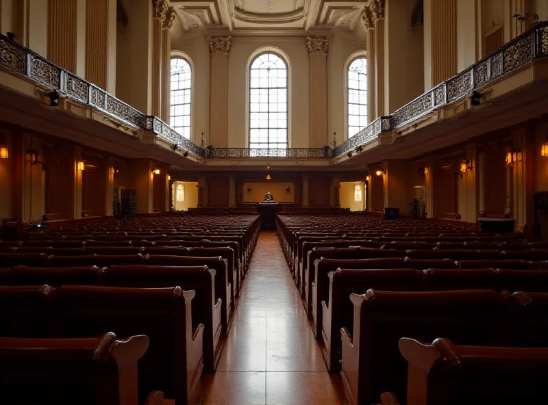 Parliament building interior, focus on empty seats.