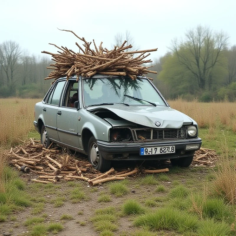 A damaged Octavia car, heavily loaded with scattered wood, at the scene of a minor accident in a rural area. 