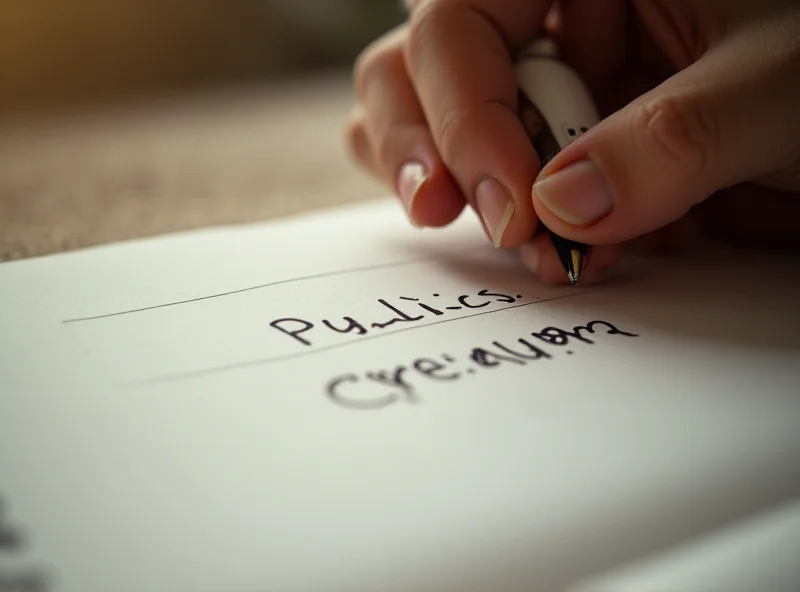 Close-up of a person's hand writing in a notebook with a pen, focusing on words like 'politics,' 'reform,' and 'future' scribbled on the page.