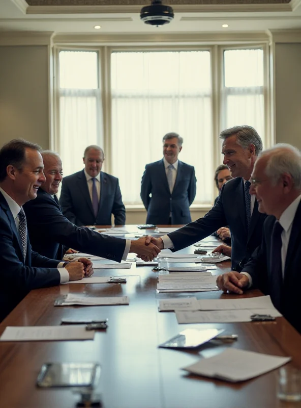 A group of politicians in suits shaking hands, symbolizing coalition negotiations and potential replacements within the government.