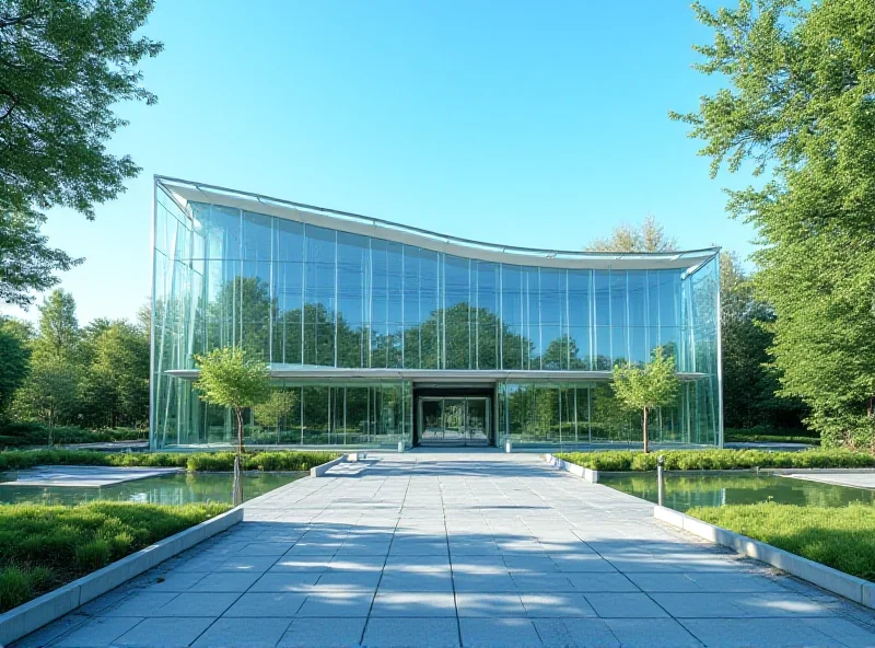 Exterior shot of a modern sports hall with glass facade, surrounded by trees and a blue sky.