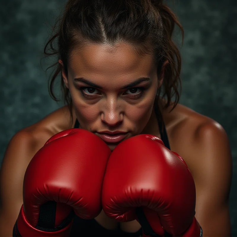 A boxer in a fighting stance, looking determined, with boxing gloves and a focused expression.