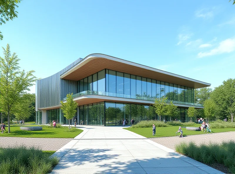 Exterior of a modern sports hall with large glass windows and a sleek design, surrounded by green landscaping.