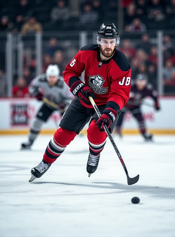 Action shot of Juraj Slafkovský passing the puck during a fast-paced hockey game.