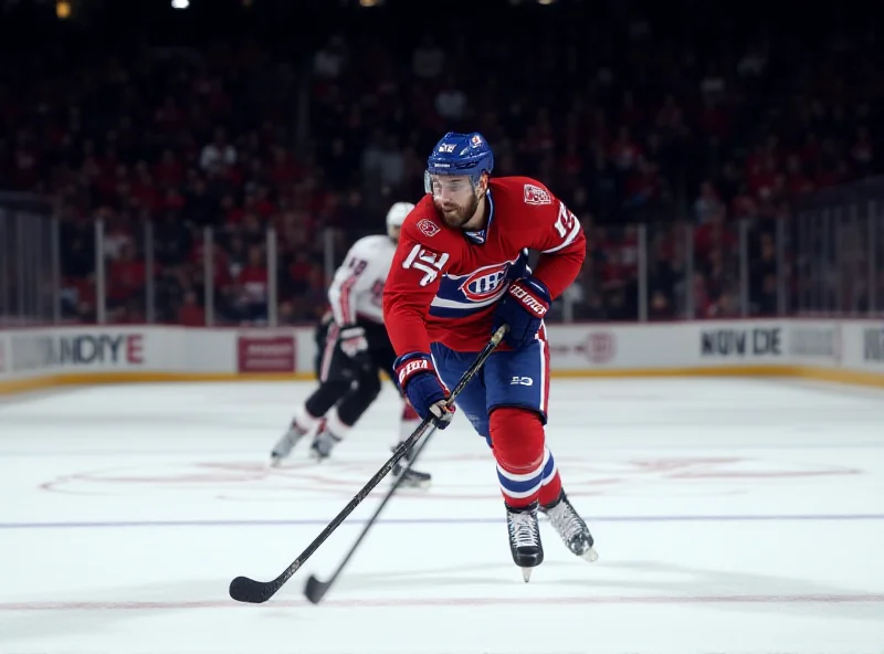 A dynamic action shot of Juraj Slafkovsky skating with the puck during an NHL game.