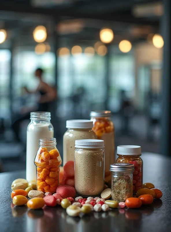 A close-up shot of various fitness supplements displayed on a table, with a blurred background showing a gym environment.