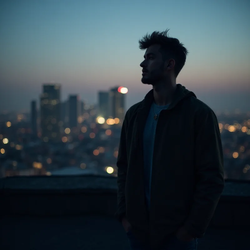 A man looking thoughtfully at a cityscape