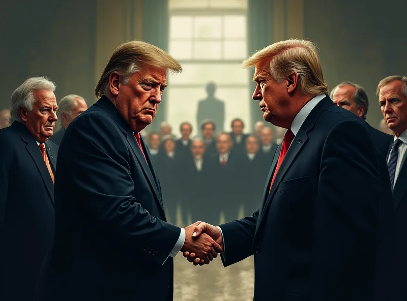 Illustration of political figures shaking hands with a blurred and skeptical audience in the background.