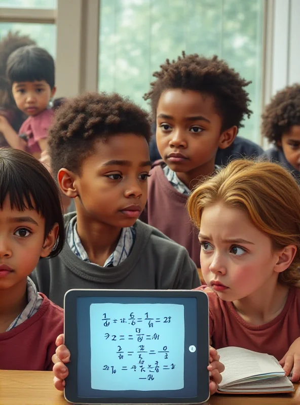 A diverse group of children in a classroom, some looking bored and others frustrated, with a digital tablet showing a complex equation in the foreground.