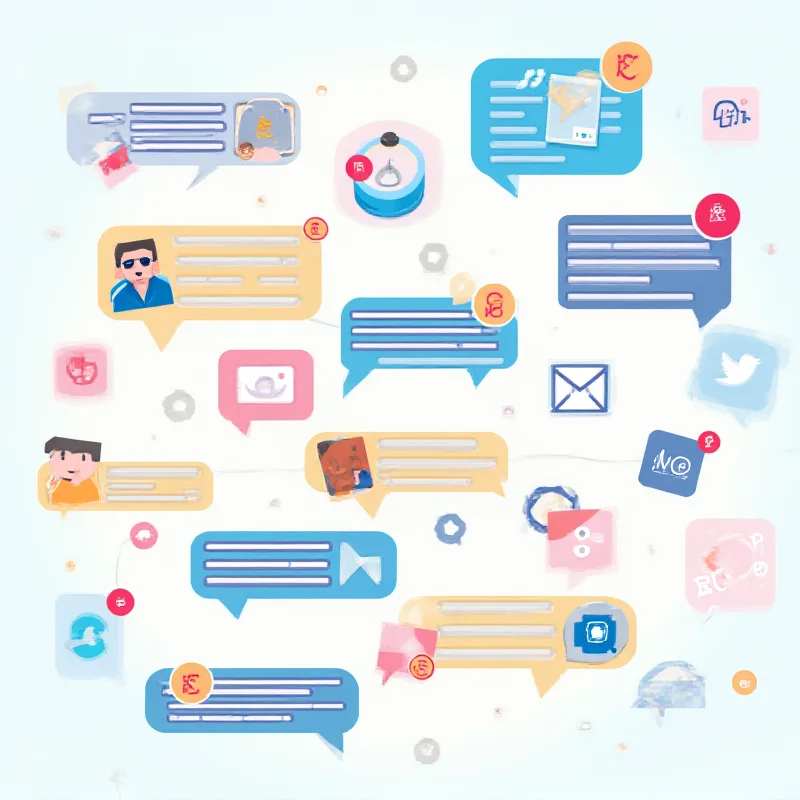 A stylized depiction of social media icons and text bubbles, representing online communication.