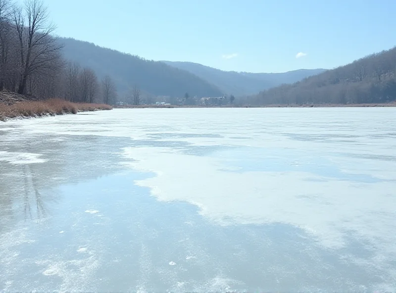 A frozen pond with thin ice and warning signs around it.