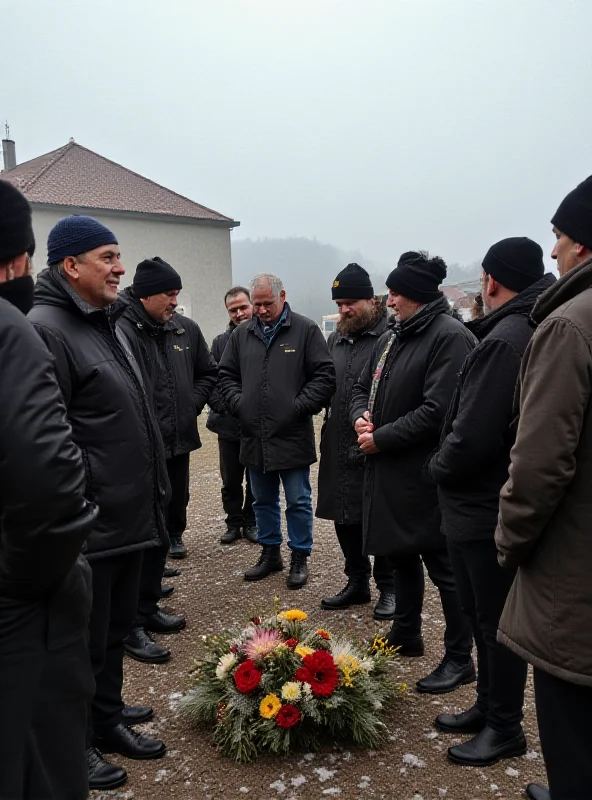 A somber scene in a Slovakian village, with villagers gathered in mourning, some laying flowers.