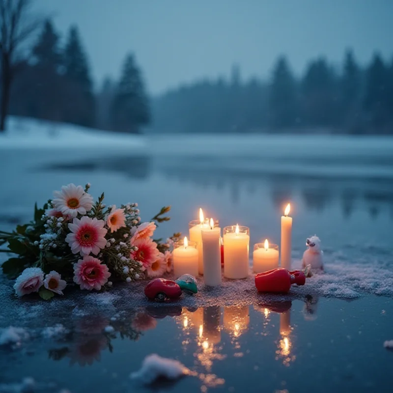 A close-up of a memorial with candles and flowers near a frozen lake, symbolizing remembrance and mourning for the lost children.