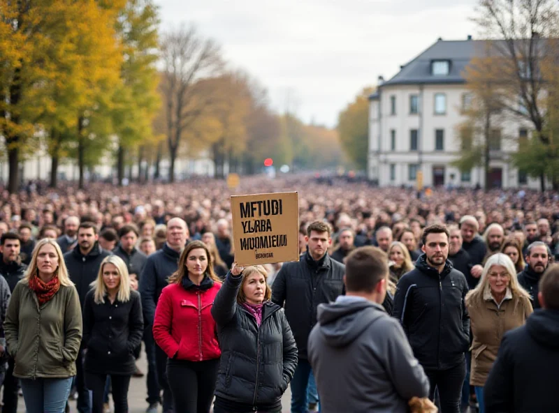 A large crowd of people protesting in a city square, holding signs and banners.