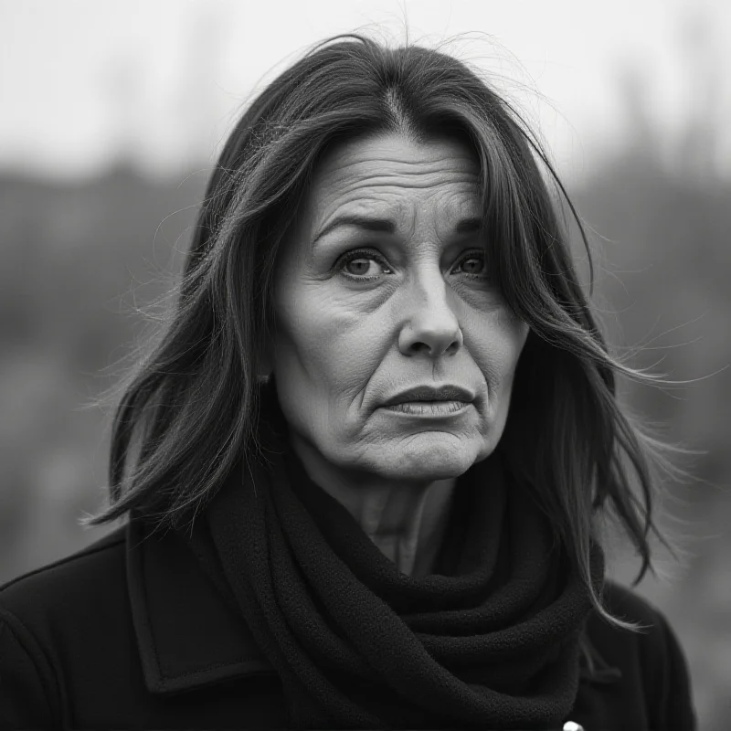 A black and white photograph of a Ukrainian refugee looking thoughtfully into the distance.