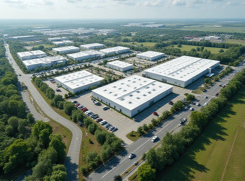 Aerial view of a modern industrial park with several large factories and warehouses.