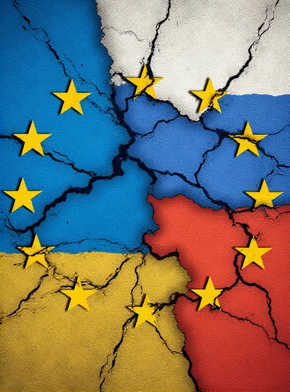 Illustration depicting the European Union flag with cracks appearing, symbolizing the tensions and disagreements within the EU regarding aid to Ukraine, particularly due to the stances of Slovakia and Hungary.