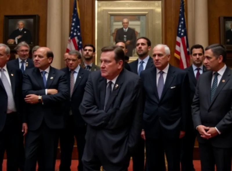 A group of politicians in suits standing in a government building.