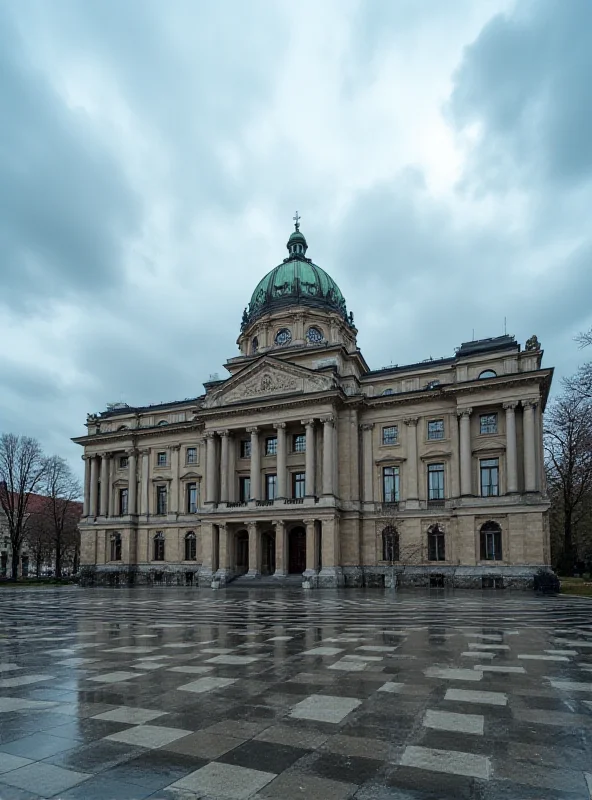 The Slovakian parliament building with a cloudy sky in the background.