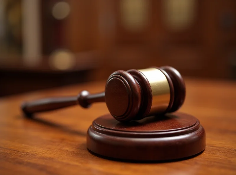 A close-up of a gavel resting on a wooden table in a courtroom setting.