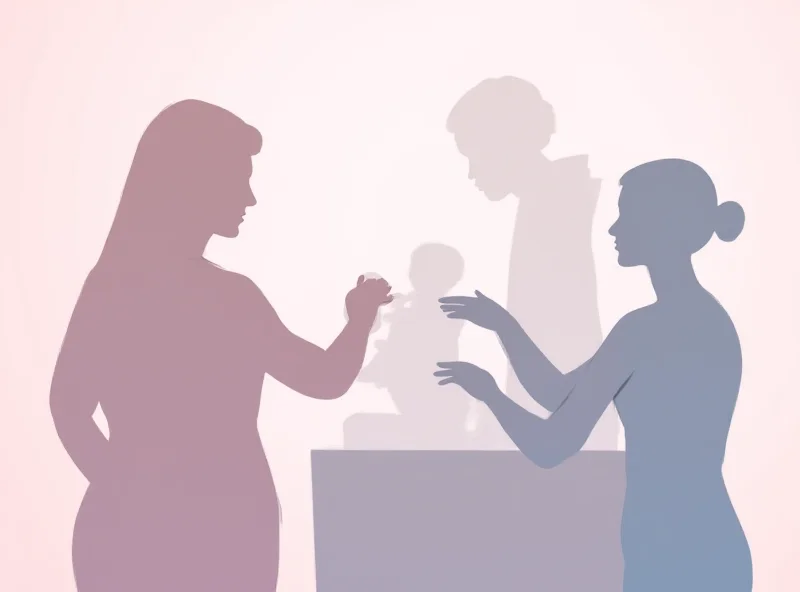 Silhouette of a woman undergoing a breast exam with medical personnel, rendered in a soft, pastel color palette.