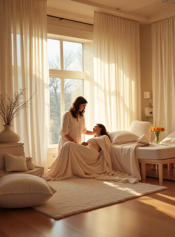 A serene and modern maternity room, bathed in natural light, with a comfortable birthing bed and soft, calming colors. A midwife is gently assisting a woman in labor.