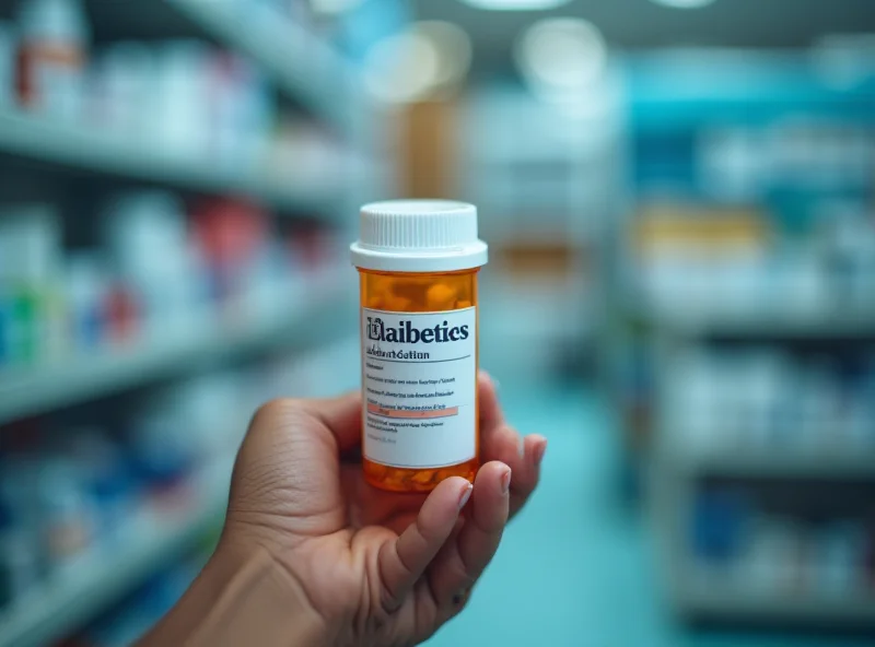 A close-up shot of a hand holding a pill bottle with a prescription label. The background is blurred, featuring medical equipment and supplies.