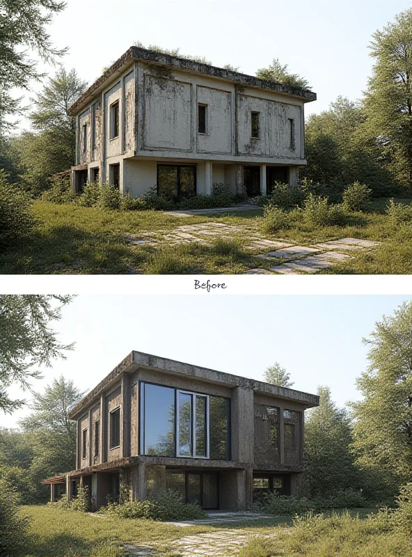 A before and after image of Hotel Klappholz, showing its dilapidated state and a modern rendering of the planned renovation.