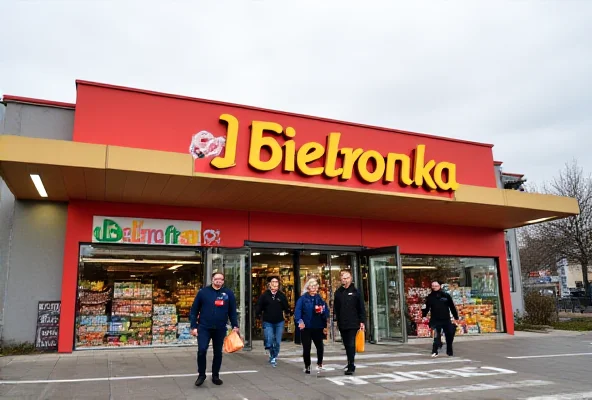 A Biedronka supermarket exterior in Slovakia, with shoppers entering and exiting.