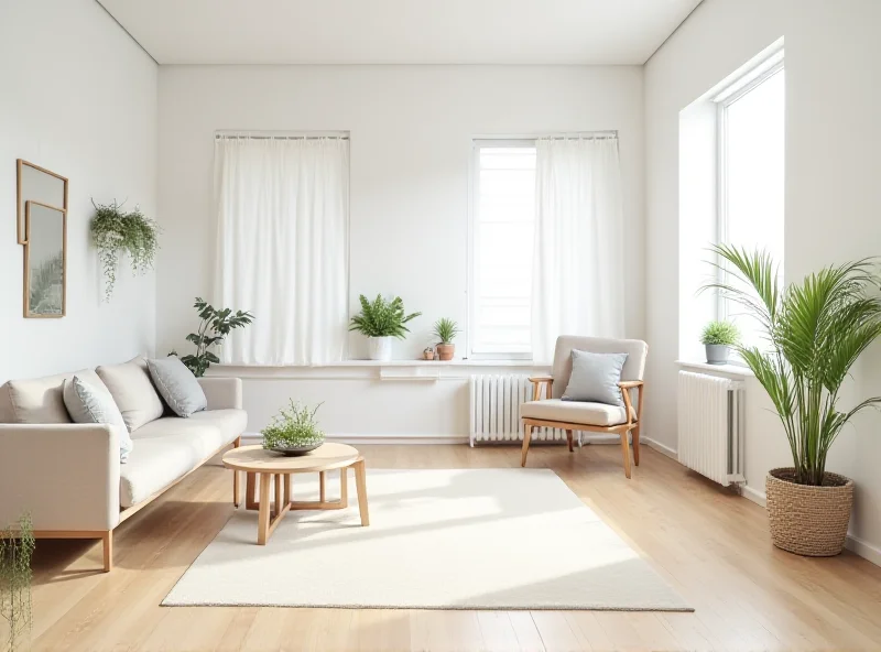 A wide shot of a modern, minimalist living room in an apartment, showcasing a clean and organized space with natural light.