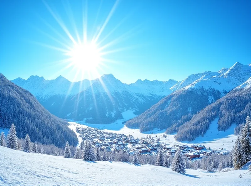 Scenic view of a small mountain town nestled at the base of a snow-covered ski resort on a sunny day.