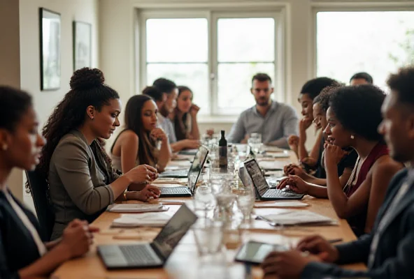 A diverse group of people sitting at tables in a brightly lit conference room, participating in a workshop. Some are listening to a presenter, while others are working on laptops or talking in small groups.