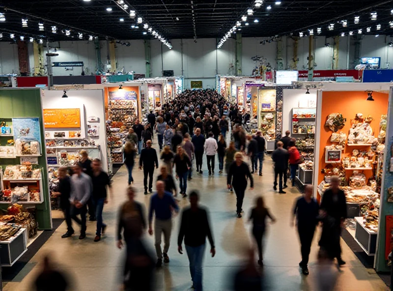 A wide shot of a bustling trade show floor with numerous booths showcasing various housewares products. Attendees are walking around, examining the products and talking to exhibitors.