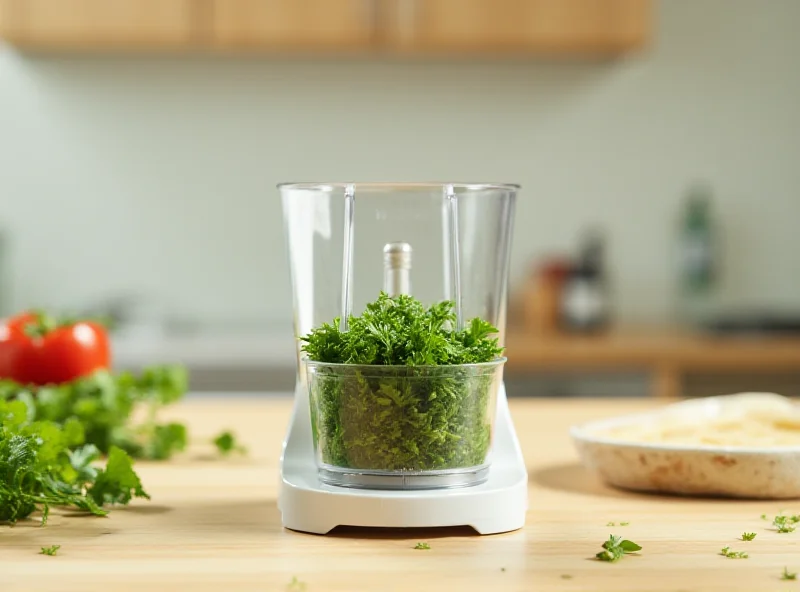 Close-up shot of a mini food processor filled with fresh herbs, ready to be chopped. The background is a clean, modern kitchen.