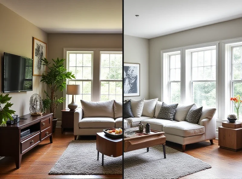 A split-screen image showing a 'before' and 'after' of a living room renovation. The 'before' side is cluttered and dated, while the 'after' side is clean, modern, and inviting.