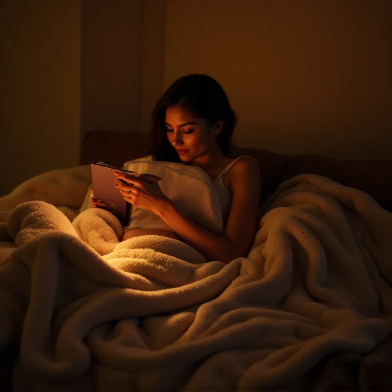 A person relaxing on a couch, covered with a small, soft-looking weighted blanket. The lighting is warm and inviting, creating a sense of calm and coziness.