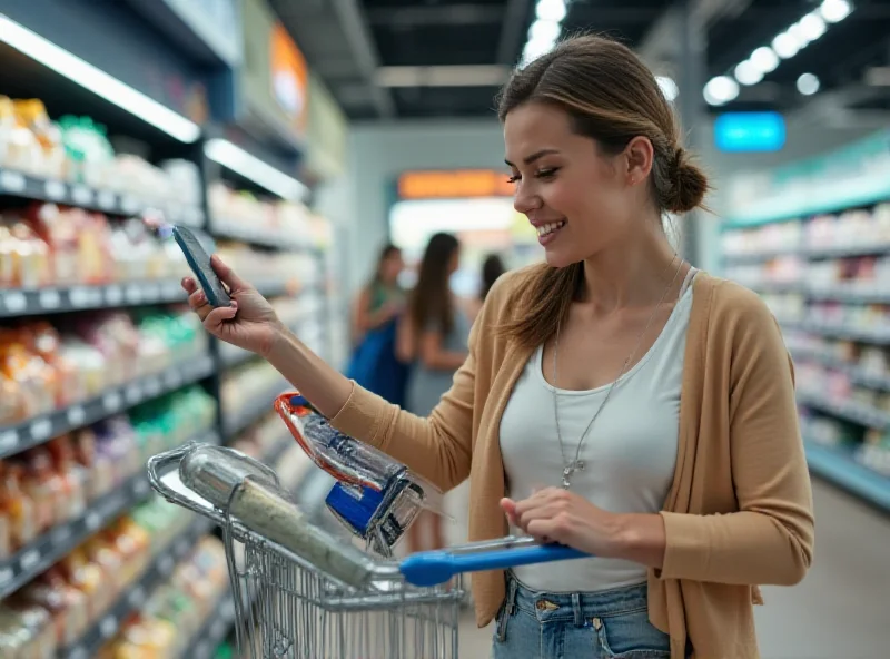 A woman using a smart shopping cart with a touchscreen display in a modern supermarket aisle.