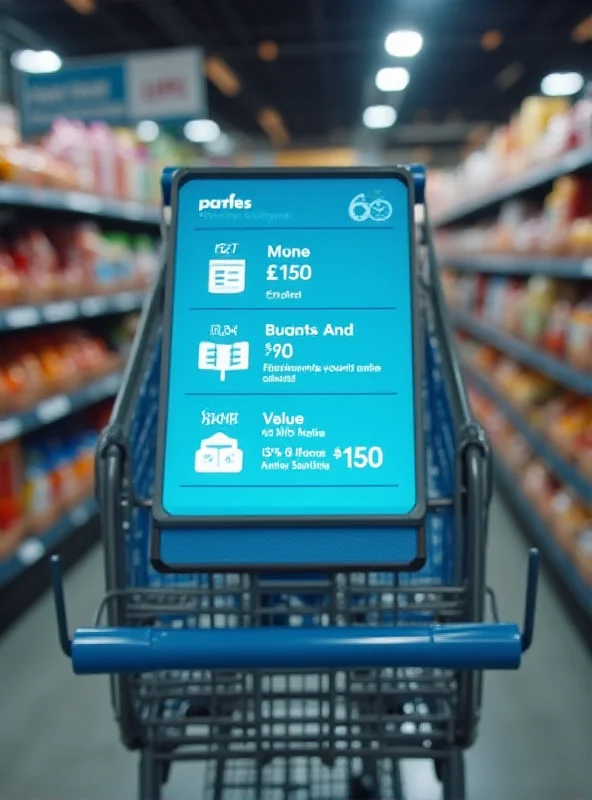 Close up of a smart shopping cart touchscreen displaying shopping list and budget information.