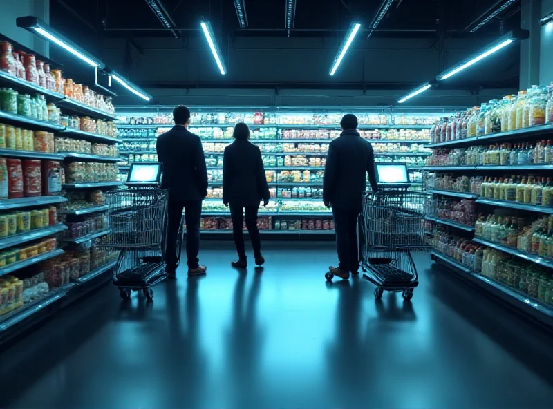 A futuristic supermarket aisle with multiple shoppers using smart shopping carts, showcasing the potential of connected technology in retail.