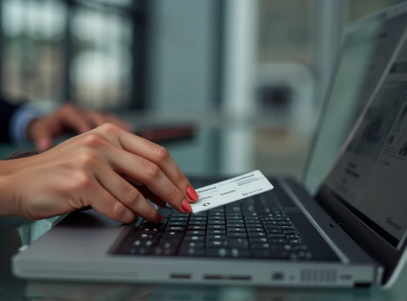 Close-up shot of a person's hands holding a credit card while online shopping on a laptop. The focus is on the credit card and the laptop screen showing a shopping website.