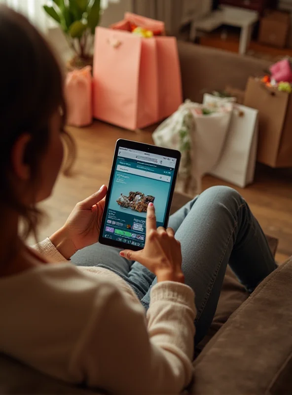 A person sitting on a couch using a tablet to shop online, with various shopping bags scattered around. Focus is on the tablet screen displaying a shopping website and the surrounding shopping bags.