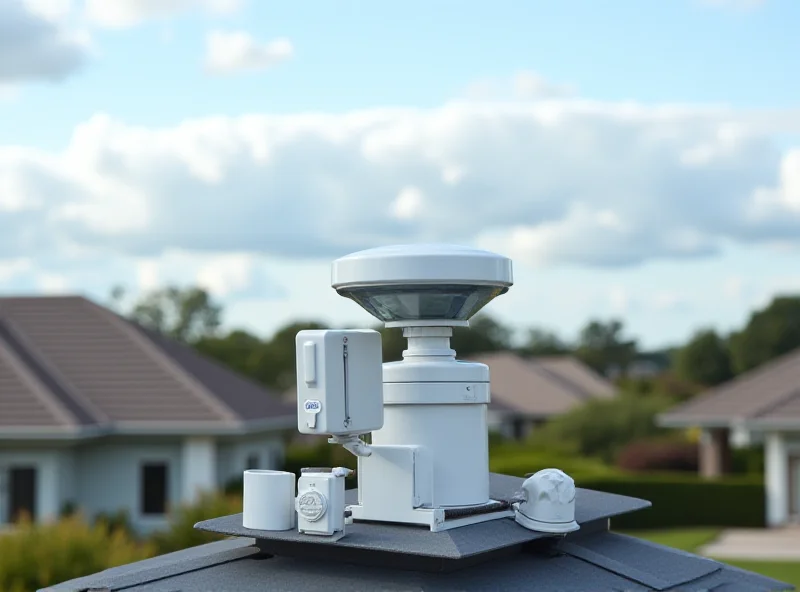 A modern home weather station installed on a rooftop, showcasing its various sensors and sleek design. The backdrop features a suburban neighborhood under a partly cloudy sky.