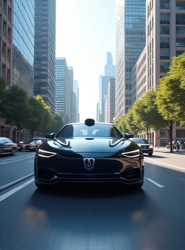 A futuristic rendering of an autonomous vehicle driving on a city street, powered by a MIPS Atlas chip. The car is sleek and modern, and the city is bustling with activity.