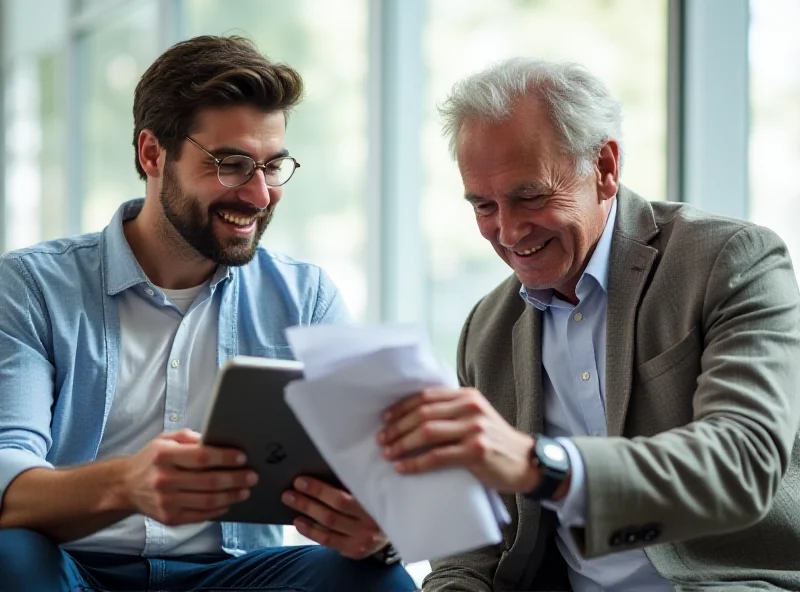 Two people, one young and one older, discussing investment options and smiling in a bright, modern office.