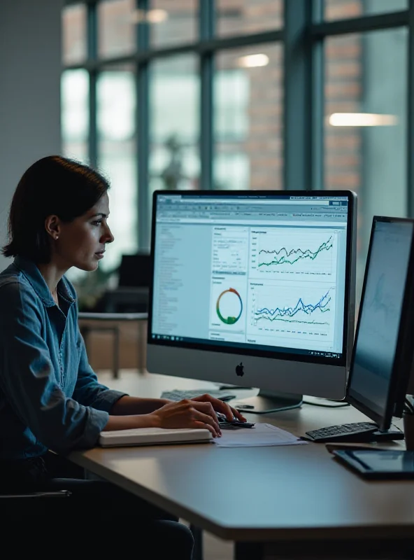 A person sitting at a desk, reviewing charts and graphs on a computer screen, with a notepad and pen nearby, in a well-lit office.