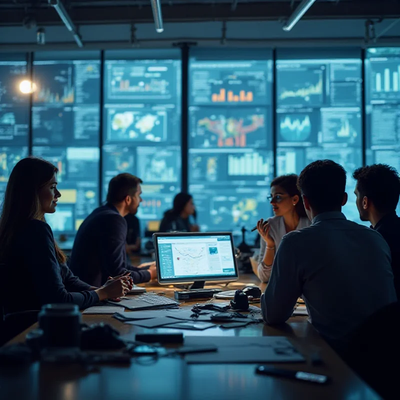 A diverse group of professionals collaborating in a modern office, using digital tools and discussing strategy, with large screens displaying data visualizations.