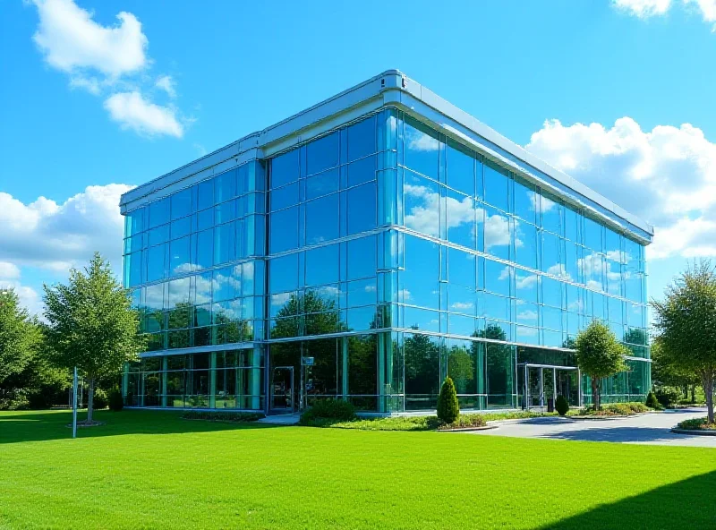 A modern commercial building with large glass windows during a sunny day.