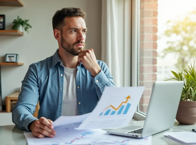 A person sitting at a desk with a laptop and financial documents, looking thoughtfully at a graph showing upward growth.