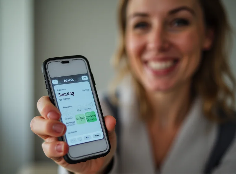 A person smiling while looking at their banking app on a smartphone, showing a growing savings balance.