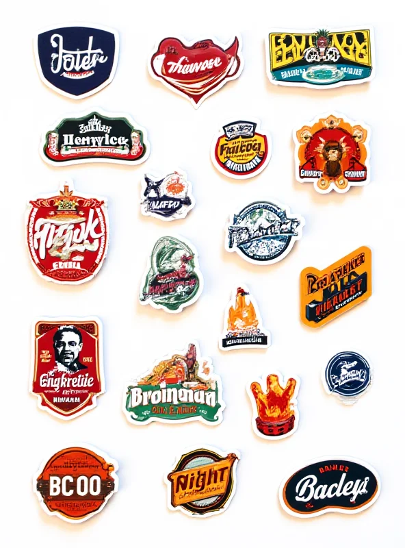 A collection of colorful and creatively designed vinyl stickers showcasing various brands and logos.